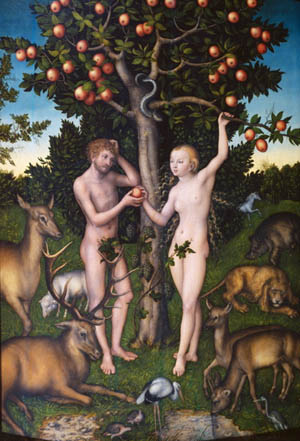 Adam & Eve holding the forbidden fruit
